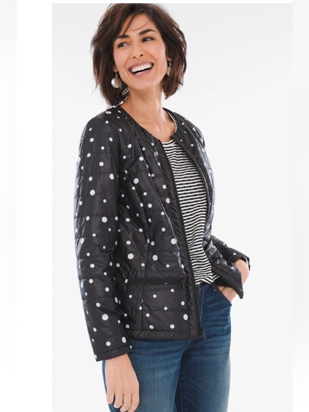 Chico's Zenergy Black Quilted Puffer Jacket with White Polka Dots